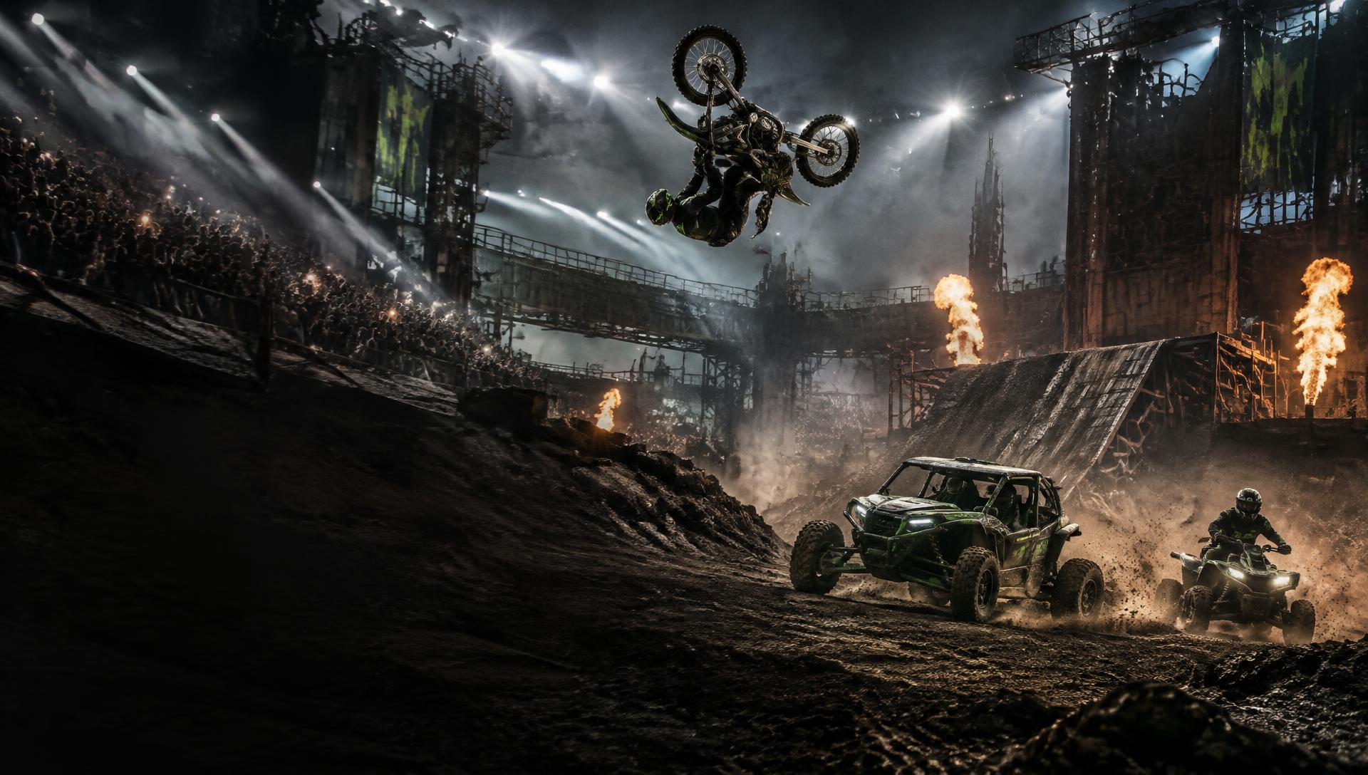Freestyle motocross and off-road machines performing live in an arena